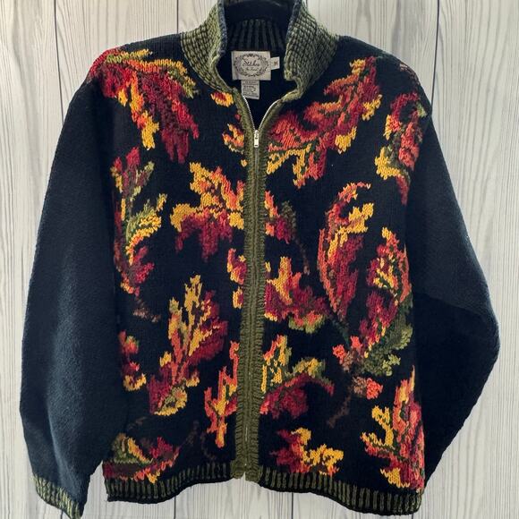 Y2K VTG Stitches In Time Autumn Fall Thanksgiving Sweater Cardigan Large Navy - Picture 1 of 6